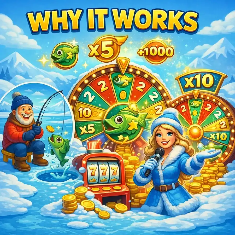 Ice Fishing casino gameplay overview with the 53-segment money wheel